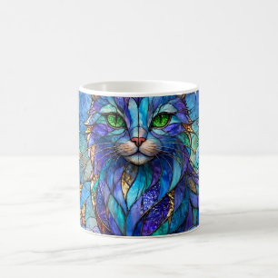 Kosmische Katze Buntglas Surreal Blau Grüne Augen Kaffeetasse