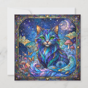 Kosmische Katze Buntglas Surreal Blau Grüne Augen Karte