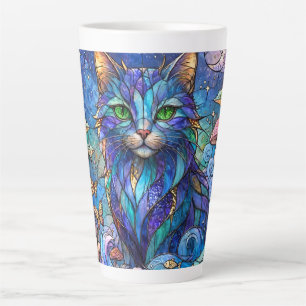 Kosmische Katze Buntglas Surreal Blau Grüne Augen Milchtasse
