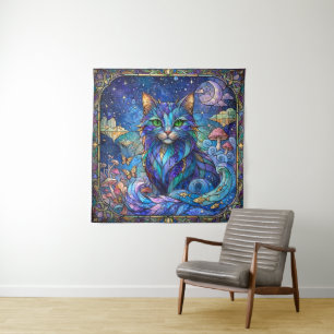 Kosmische Katze Buntglas Surreal Blau Grüne Augen Wandteppich