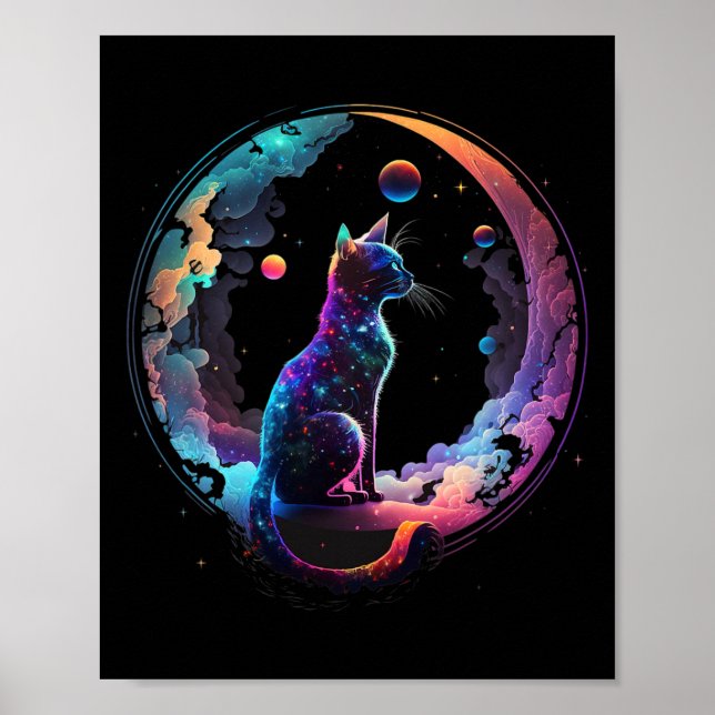 Kosmische Katze Cool farbiger Halbmond und Wolken Poster (Vorne)