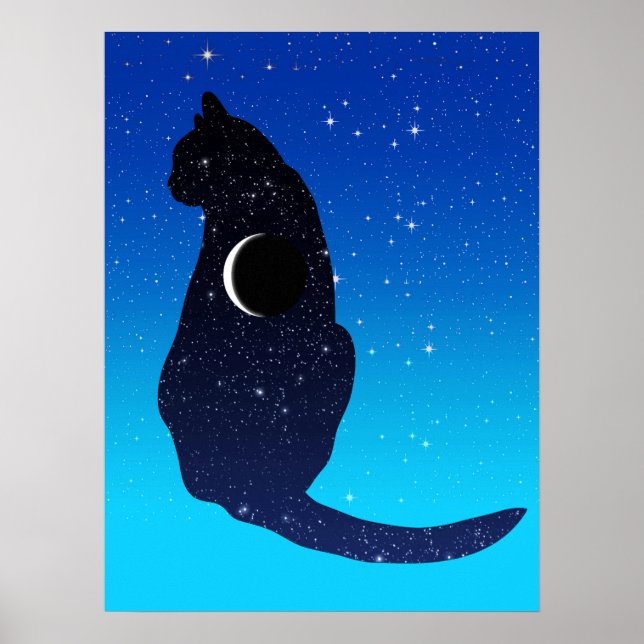 Kosmische Katze in Sternen und Mondmondmuster Poster (Vorne)