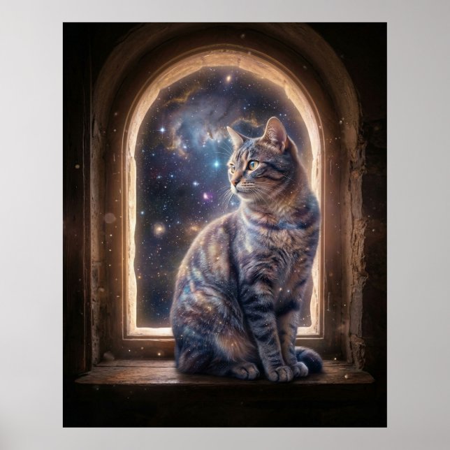 Kosmische Katzen-Sternen-Fenster Poster (Vorne)