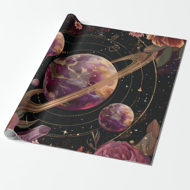 Kosmische Kristallberingte Planeten-Fantasy-Kunst Geschenkpapier (Ungerollt)