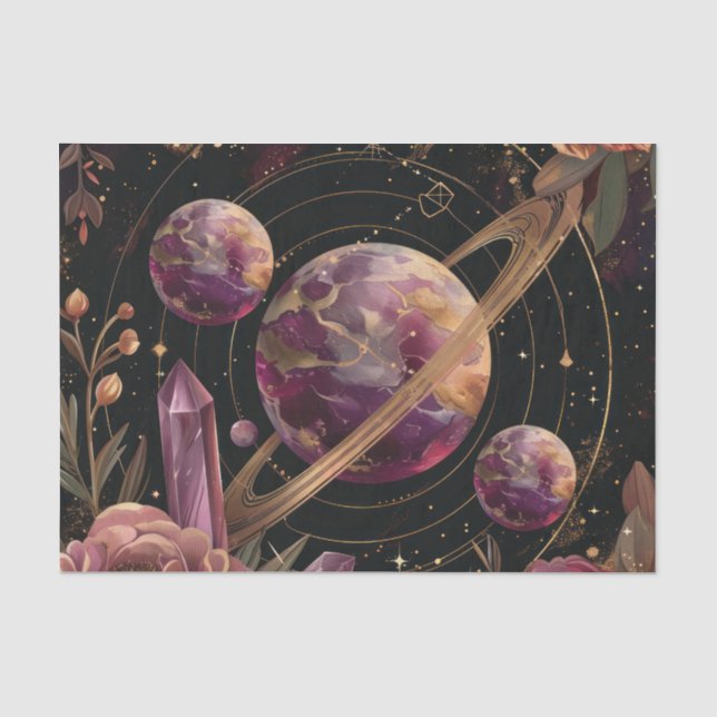 Kosmische Kristallberingte Planeten-Fantasy-Kunst Seidenpapier (Vorderseite)
