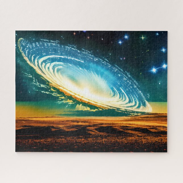 Kosmische Kunstgalaxie über Wüstenplanet im Weltra Puzzle (Horizontal)