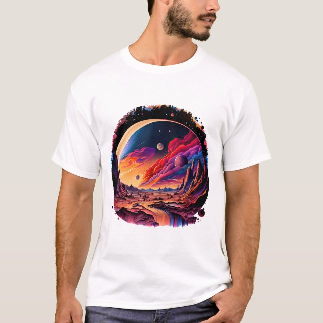 Kosmische Landschaft mit Planeten und Bergen T-Shirt (Vorderseite)
