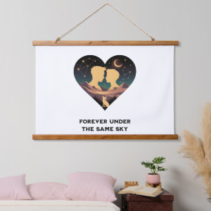 Kosmische Liebe Geschichte Herz mit Liebe und Fox Wandteppich Mit Holzrahmen