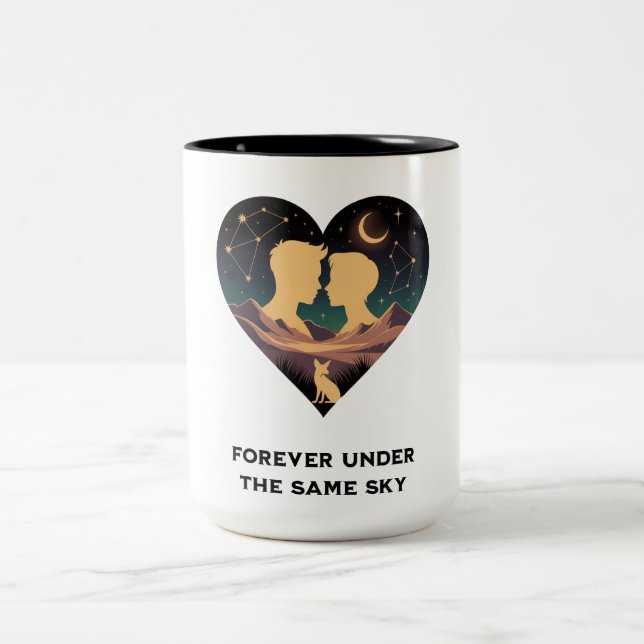 Kosmische Liebe Geschichte Herz mit Liebe und Fox  Zweifarbige Tasse (Mittel)