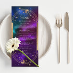 Kosmische Lila Aquamarine Gold Sun Moon Astronomie Menükarte<br><div class="desc">Cosmic Lila Aquamarine Gold Sun Moon Astronomie Wedding Menu Karten bietet eine Sonne, Mond und Sterne mit einem goldenen Rahmen auf einem farbenprächtigen lila, aquamarinen und blauen kosmischen Hintergrund mit Ihren Menüdetails in der Mitte in modernen Gold-Kalligraphie-Skript. Personalisieren Sie den Text durch Bearbeiten in den bereitgestellten Textfeldern. Für Sie entworfen...</div>
