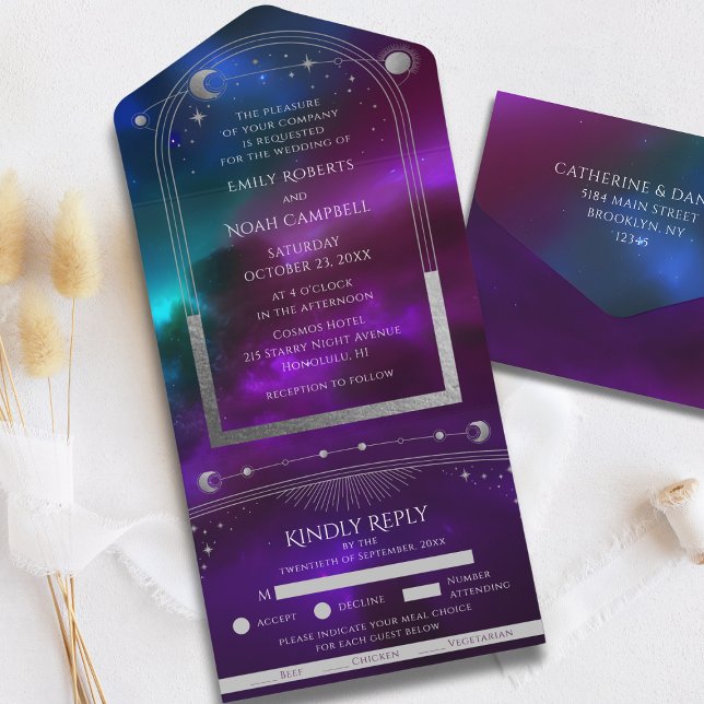 Kosmische Lila Aquamarine Silver Sun Moon Hochzeit All In One Einladung (Von Creator hochgeladen)