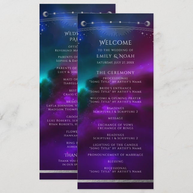 Kosmische Lila Aquamarine Silver Sun Moon Hochzeit Programm (Vorne/Hinten)