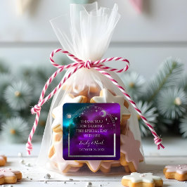 Kosmische Lila Aquamarine Silver Sun Moon Hochzeit Quadratischer Aufkleber