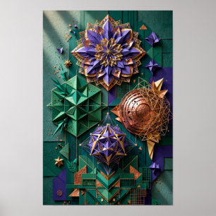 Kosmische Mandala-Geometrie-Relief - 3D Smaragd-Vi Poster