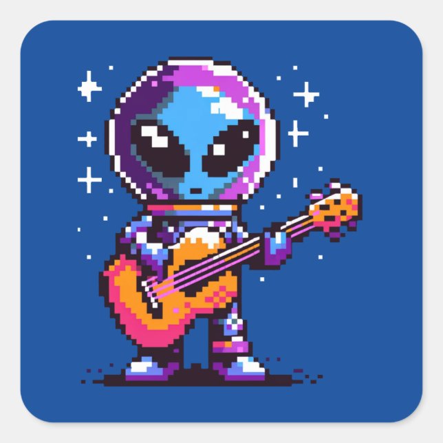 Kosmische Melodie: 8-Bit-Alien mit Gitarre Quadratischer Aufkleber (Vorderseite)