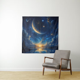 Kosmische Mondsichel-Fantasielandschaft — Blaues G Wandteppich