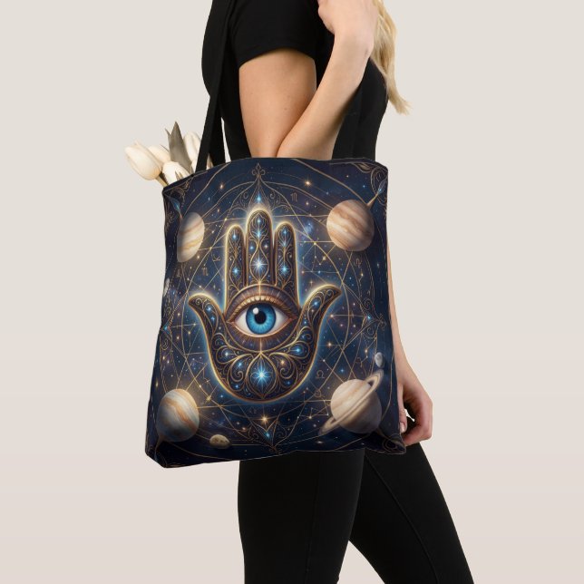  Kosmische Navy-Gold-Hamsa-Böser-Blick-Tasche (Von Nahem)