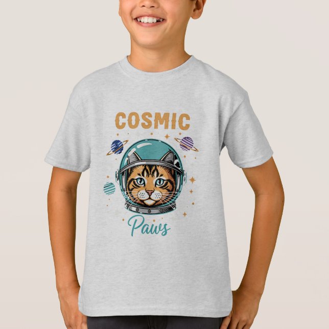 Kosmische Pfoten Retro-Astronaut Katzen T-Shirt (Vorderseite)