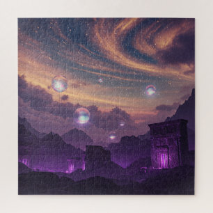 Kosmische Quellen schweben im Lila Lila Planeten Puzzle