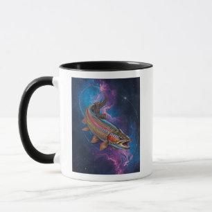 Kosmische Regenbogenforelle schwimmt im Galaxienne Tasse