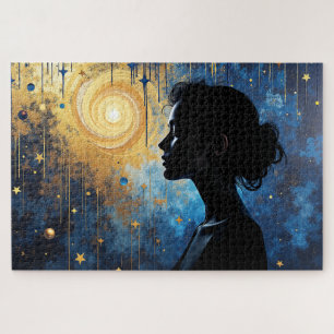 Kosmische Silhouette - Frau im Golden Swirl Galaxi Puzzle