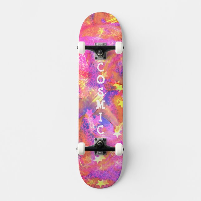Kosmische Sterne in einer Galaxie aus rosa-blauora Skateboard (Vorderseite)