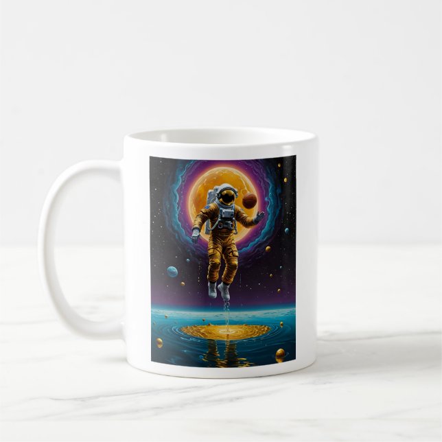 Kosmischer Astronautenbasketball über Gold Planet  Kaffeetasse (Links)