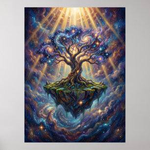 Kosmischer Baum des Lebens auf schwimmender Insel Poster