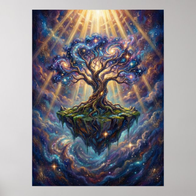 Kosmischer Baum des Lebens auf schwimmender Insel Poster (Vorne)