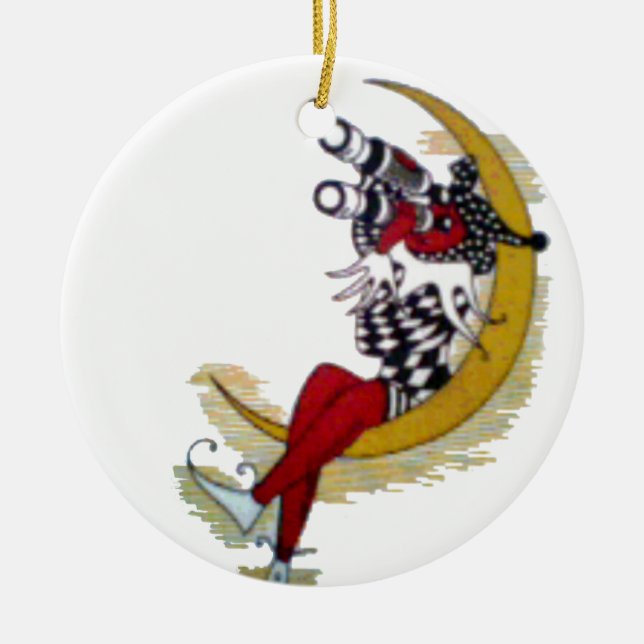 Kosmischer Blick: Elf auf dem Mond Keramik Ornament (Vorne)