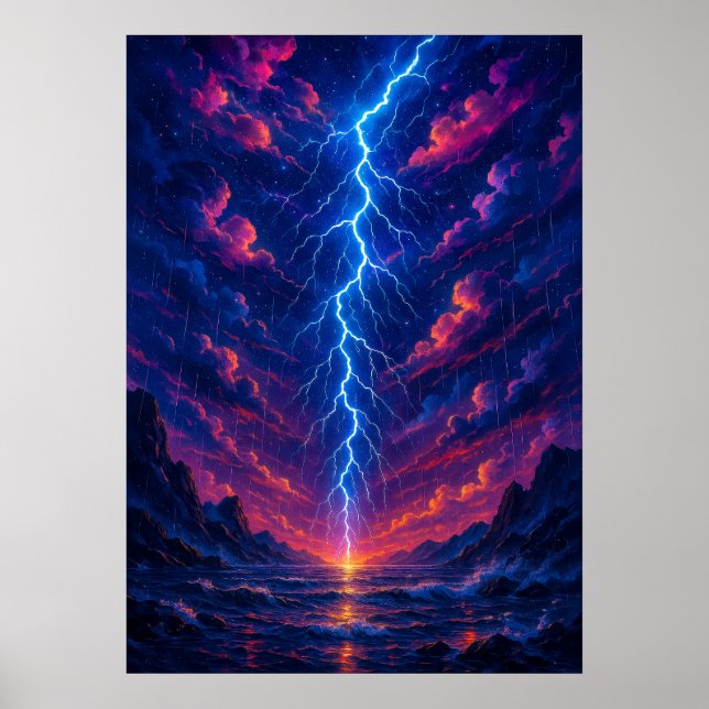 Kosmischer Blitzschlag über Gebirge Fantasie Poster (Vorne)