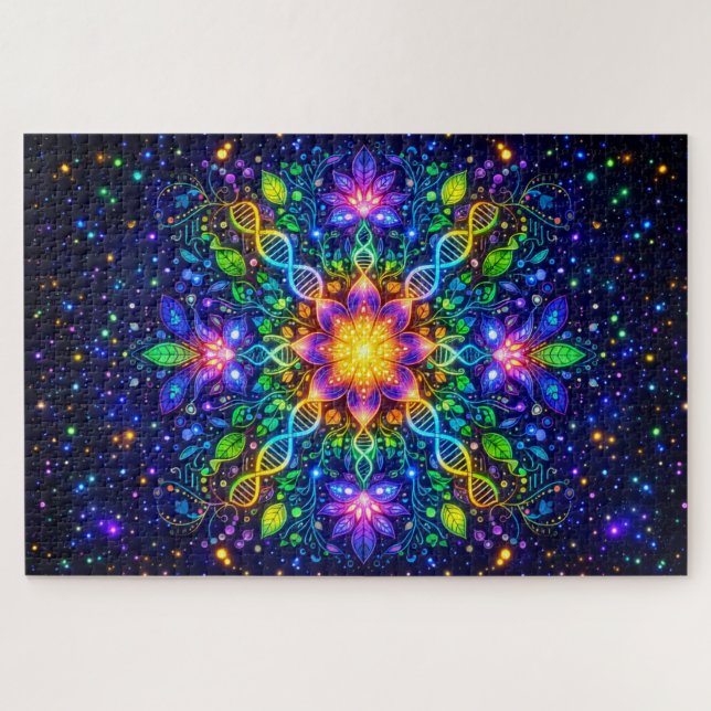 Kosmischer DNA-Mandala & Neonflora: Maximalist" Puzzle (Horizontal)