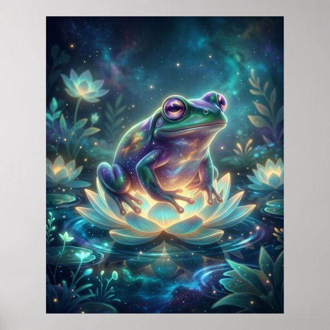 Kosmischer Frosch Leuchtende Lotusblume Poster (Vorne)