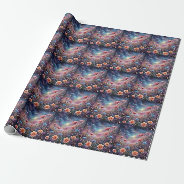 Kosmischer Himmel mit fantasievollen Blume Geschenkpapier (Ungerollt)