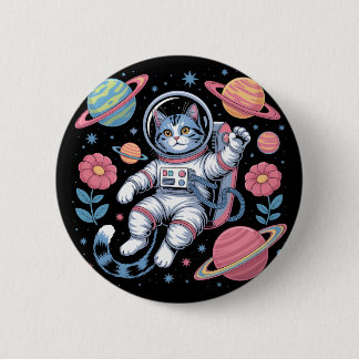 Kosmischer Katstronaut im Neon Space Vaporwave Button