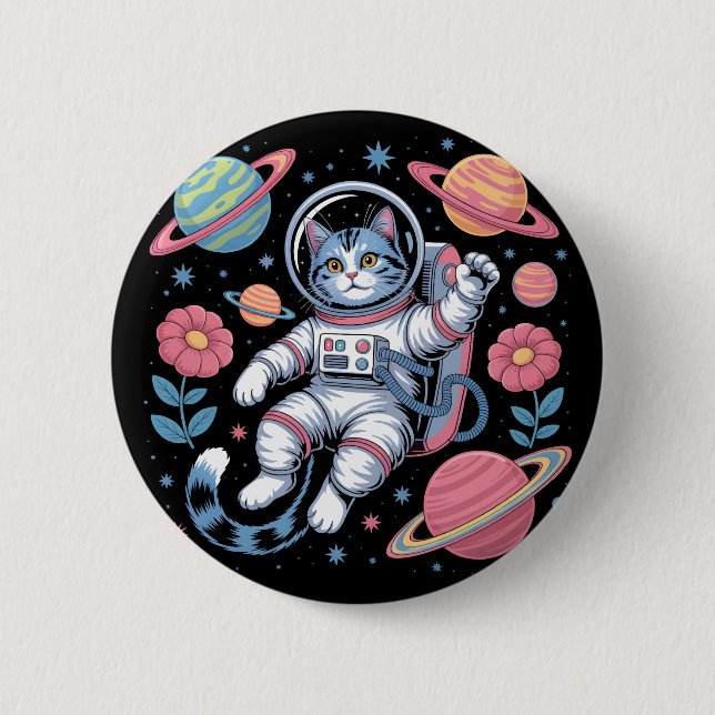 Kosmischer Katstronaut im Neon Space Vaporwave Button (Vorderseite)