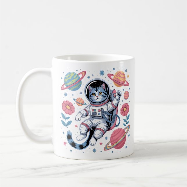 Kosmischer Katstronaut im Neon Space Vaporwave Kaffeetasse (Links)