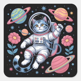 Kosmischer Katstronaut im Neon Space Vaporwave Quadratischer Aufkleber