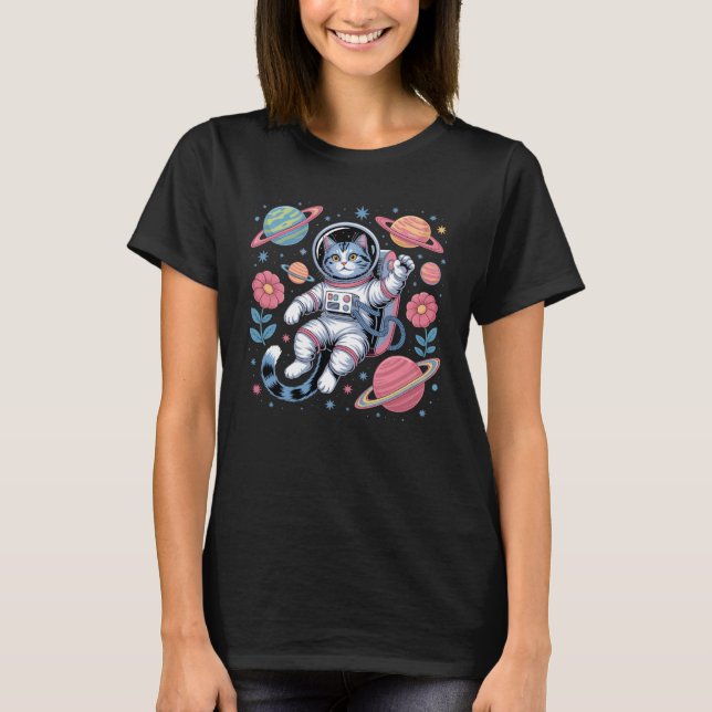 Kosmischer Katstronaut im Neon Space Vaporwave T-Shirt (Vorderseite)