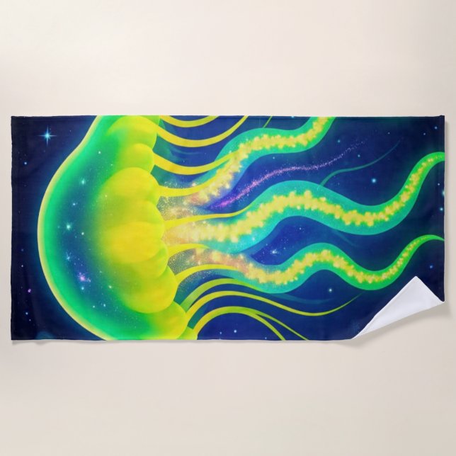 Kosmischer Neon Jellyfish Strandtuch (Vorderseite)