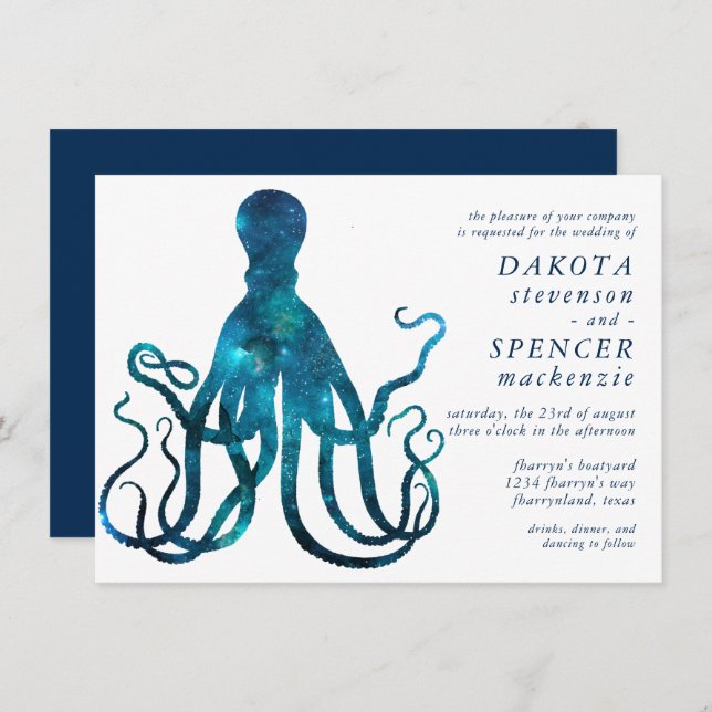 Kosmischer Oktopus | Marina Sea Life Wedding Einladung (Vorne/Hinten)