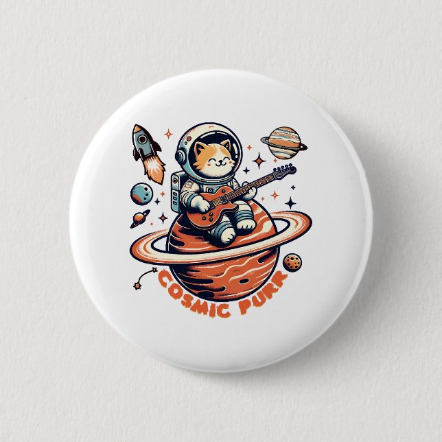 Kosmischer Purr - Astro-Gitarrist Katze Button (Vorderseite)