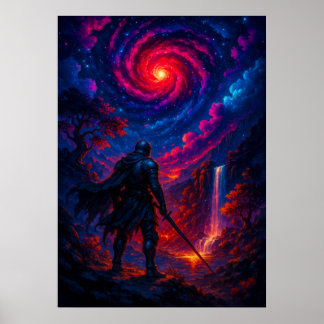 Kosmischer Ritter mit Schwert unter Galaxie Sky Fa Poster