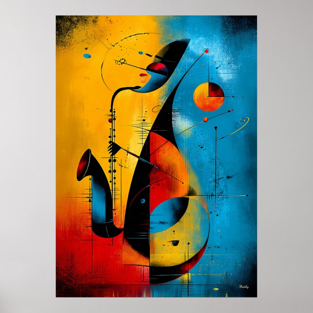 Kosmischer Saxophon – Moderne abstrakte geometrisc Poster (Vorne)