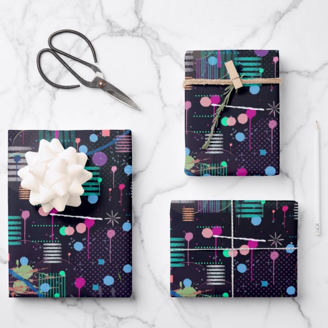 Kosmischer Schneesturm: Abstrakte Maximalismus-Kun Geschenkpapier Set (Vorderseite)