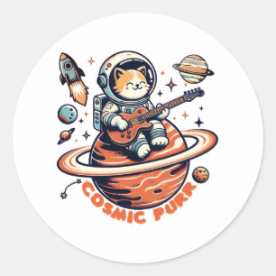 Kosmischer Schnurrer - Astro-Gitarrist-Katze Runder Aufkleber