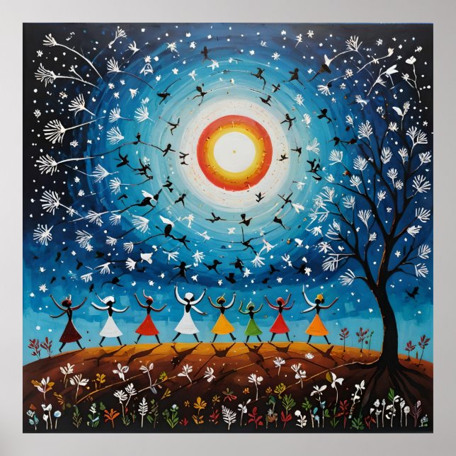 Kosmischer Tanz - Surreal Warli Landschaft Poster (Vorne)