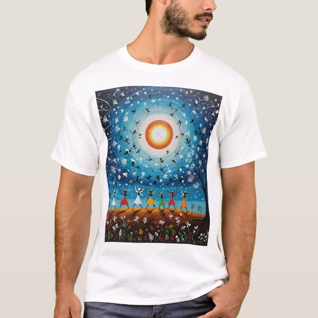 Kosmischer Tanz - Surreal Warli Landschaft T-Shirt (Vorderseite)