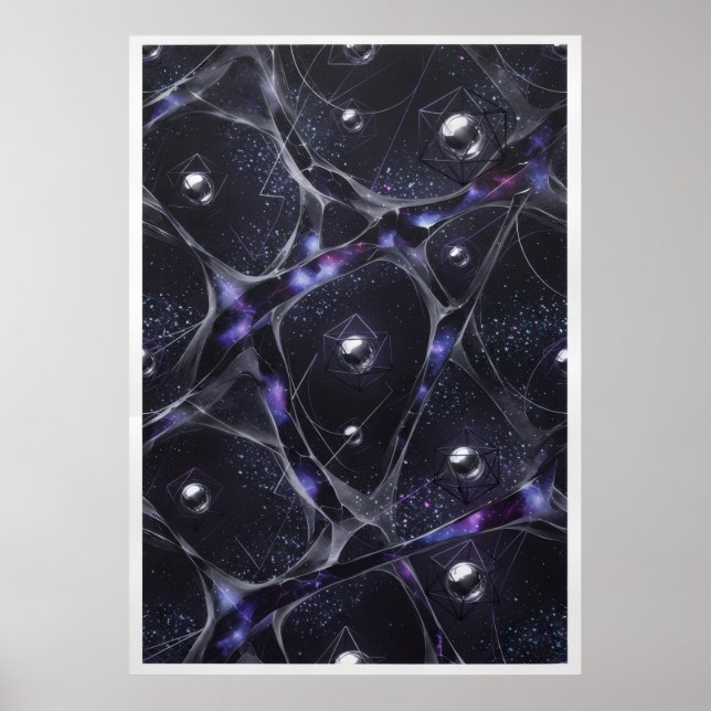 Kosmischer Web Silber Orbs Abstrakter Poster (Vorne)