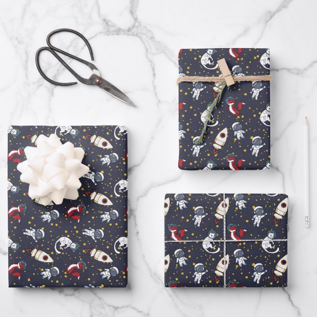 Kosmischer Weltraum-Mann-Fuchs-Katze-Sterne-Muster Geschenkpapier Set (Vorderseite)